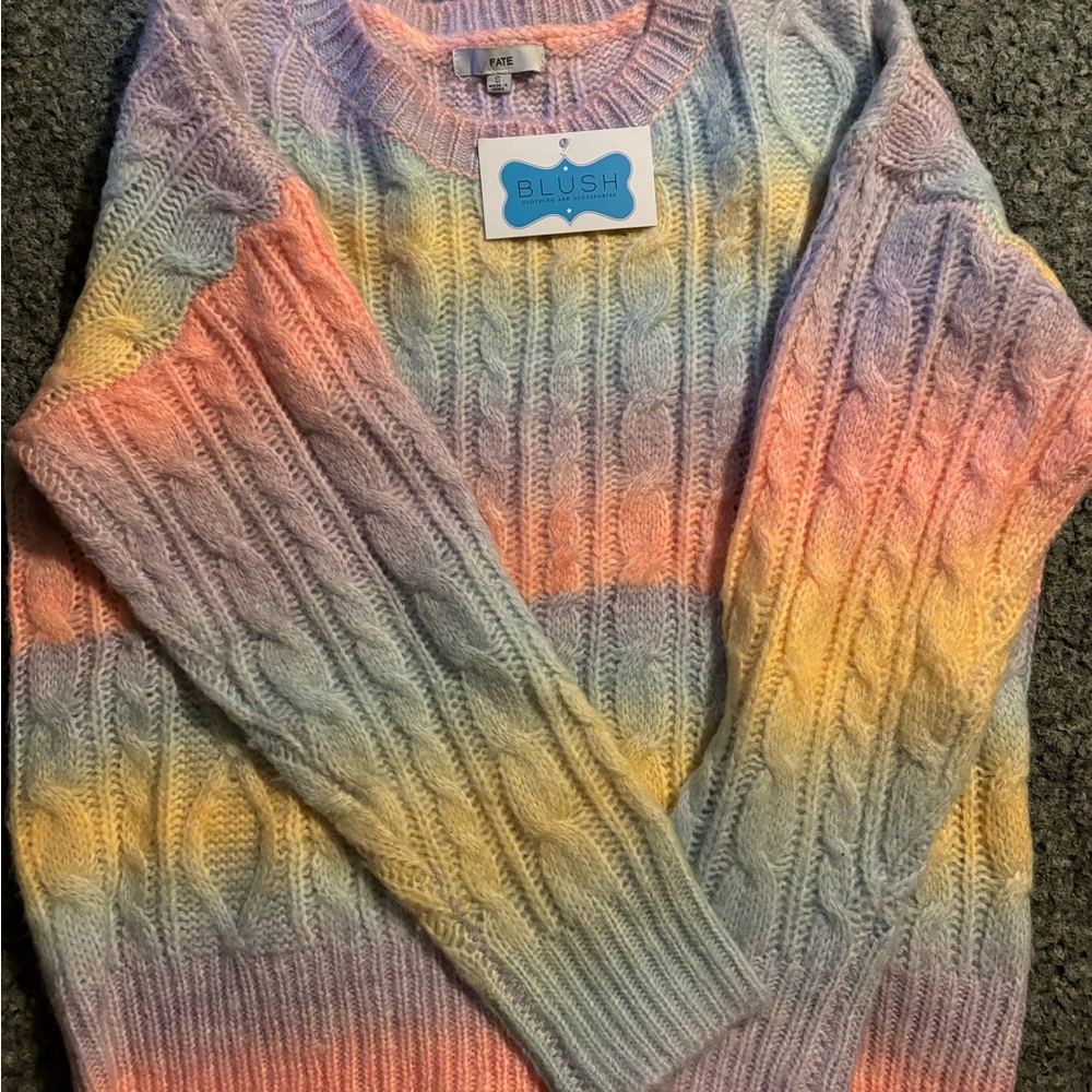 Fate Pink and Orange Cable Knit Crew Neck Sweater